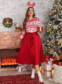 SHEIN LUNE 加大码圣诞撞色麋鹿印花长袖连衣裙，女装 - 紅色 - 查看 1