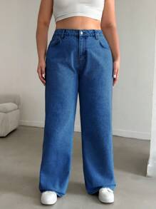 SHEIN Cottnline 100%Cotton HIGH RISE STRAIGHT CUT PLUS SZIE WOMEN JEAN - Medium Wash - View 1