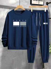 Manfinity Homme Men's Letter Print Sweatshirt And Sweatpants Set, Fall Clothes