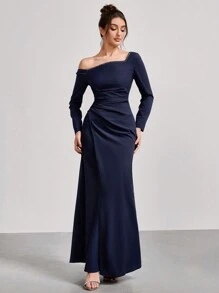 Coutiva 1 pieza Vestido largo de fiesta con mangas largas, cuello asimétrico y fruncido, Vestido elegante para banquete, fiesta de Año Nuevo, evento social, invitado de boda, vestido formal, vestido de noche