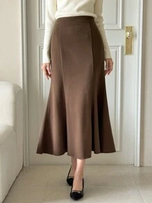 DAZY 1pc Women Solid Color Fishtail Hem Skirt, Elegant - Brown - View 1
