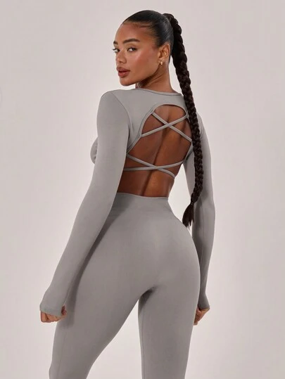 Musera Sport Top corto de manga larga con espalda cruzada, para gimnasio, pádel, tenis, pickleball, fitness, yoga, pilates y uso casual diario