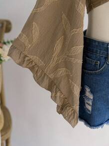 Soleia 女式波西米亚风音乐节棕色柳枝纹理前开领带结喇叭袖荷叶边袖口衬衫 - 咖啡棕 - 查看 3