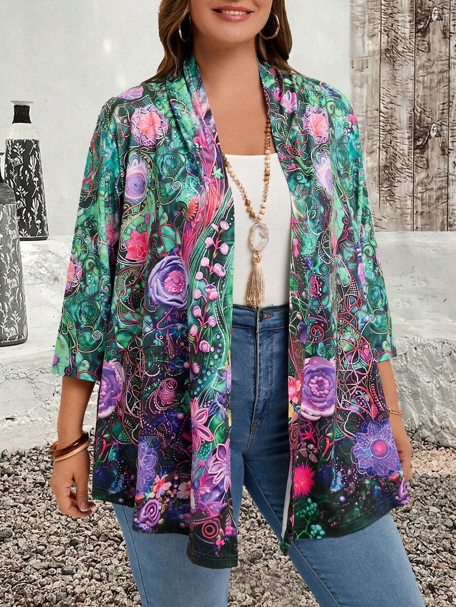 EMERY ROSE EMERY ROSE Plus Size Fall Clothes Teacher Clothes Women's Random Print Simple Daily Blue Jacket