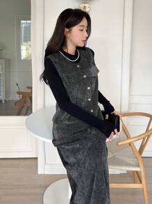 DAZY 2 件套：女士休闲外出纯色背心和裙子，秋季 - 深灰色 - 查看 6