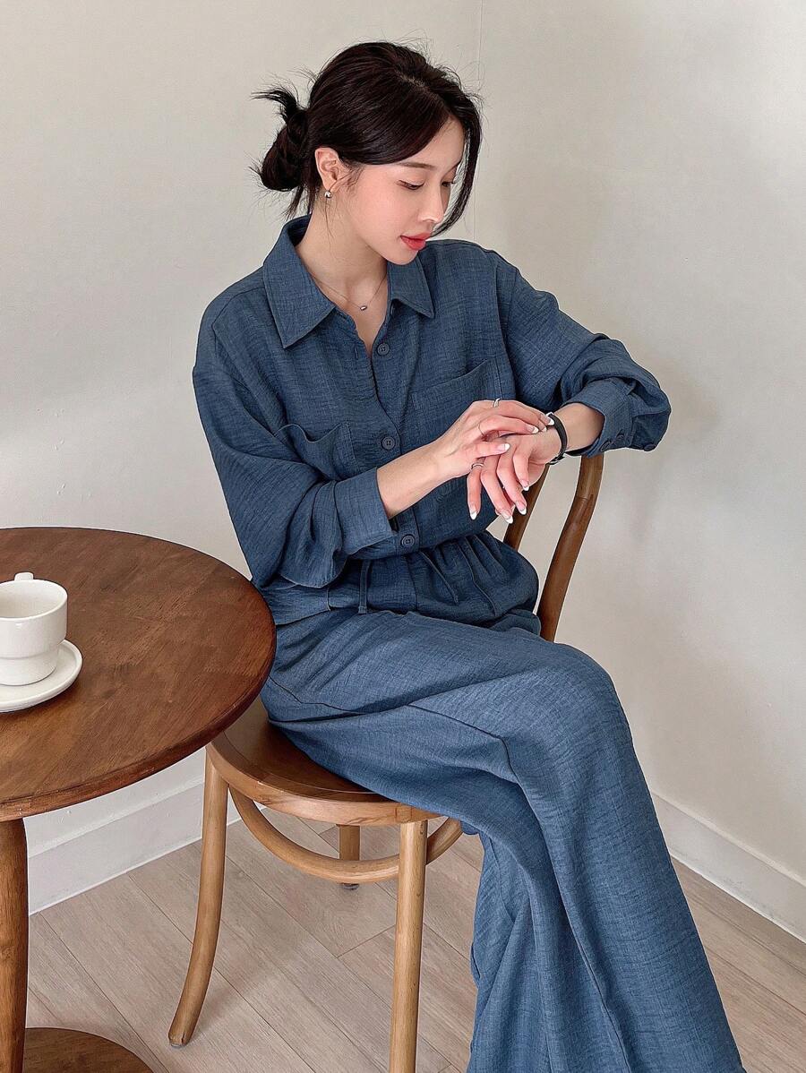 DAZY 2pcs Women Solid Color Shirt And Wide-Leg Pants Set For Casual Everyday Wear In Autumn,Fall Women Clothes Lounge Sets For Women