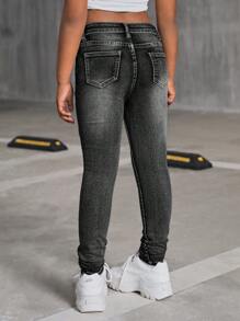 SHEIN Tween Girl Y2K 石洗黑色高腰紧身牛仔裤，返校服，百搭款式，夏季返校街头服饰，海滩波西米亚风演唱会宽松阔腿裤，狂欢节，毕业典礼