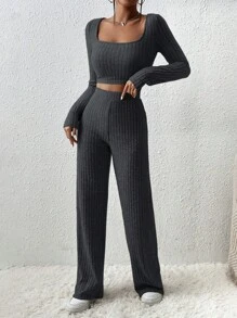 EURMUSE Cotton 2pcs/Set Ribbed Short Sleeve T-Shirt & Long Pants Outfits - Dark Grey - View 6