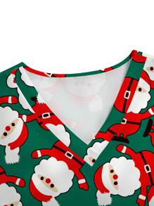 PopScrub Plus Size Vrouwen Kerstmis Cartoon Kerstman Print Verpleegkundige Scrub Uniformen Top, Groene Achtergrond Met Rood & Wit