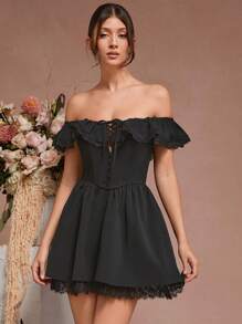 1pc Solid Color Off-Shoulder Ruffle Lace Splice Elegant Dress - Black - View 3