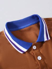 Manfinity Mode Men Casual Contrast Stripe Trim Long Sleeve Collar Polo Shirt, Autumn, For Work