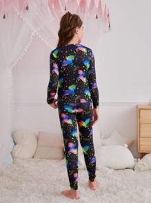 SHEIN Conjunto de 2 piezas de chándal ajustado para niña preadolescente, Top de cuello redondo de manga larga con estampado de unicornio neón, letra y corazón, y pantalones, ropa de estar por casa/pijama cómoda y casual para otoño/invierno