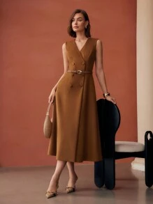 MOTF PREMIUM VESTIDO DE TIRANTES AJUSTADO A LA CINTURA DE DOBLE BOTONADURA