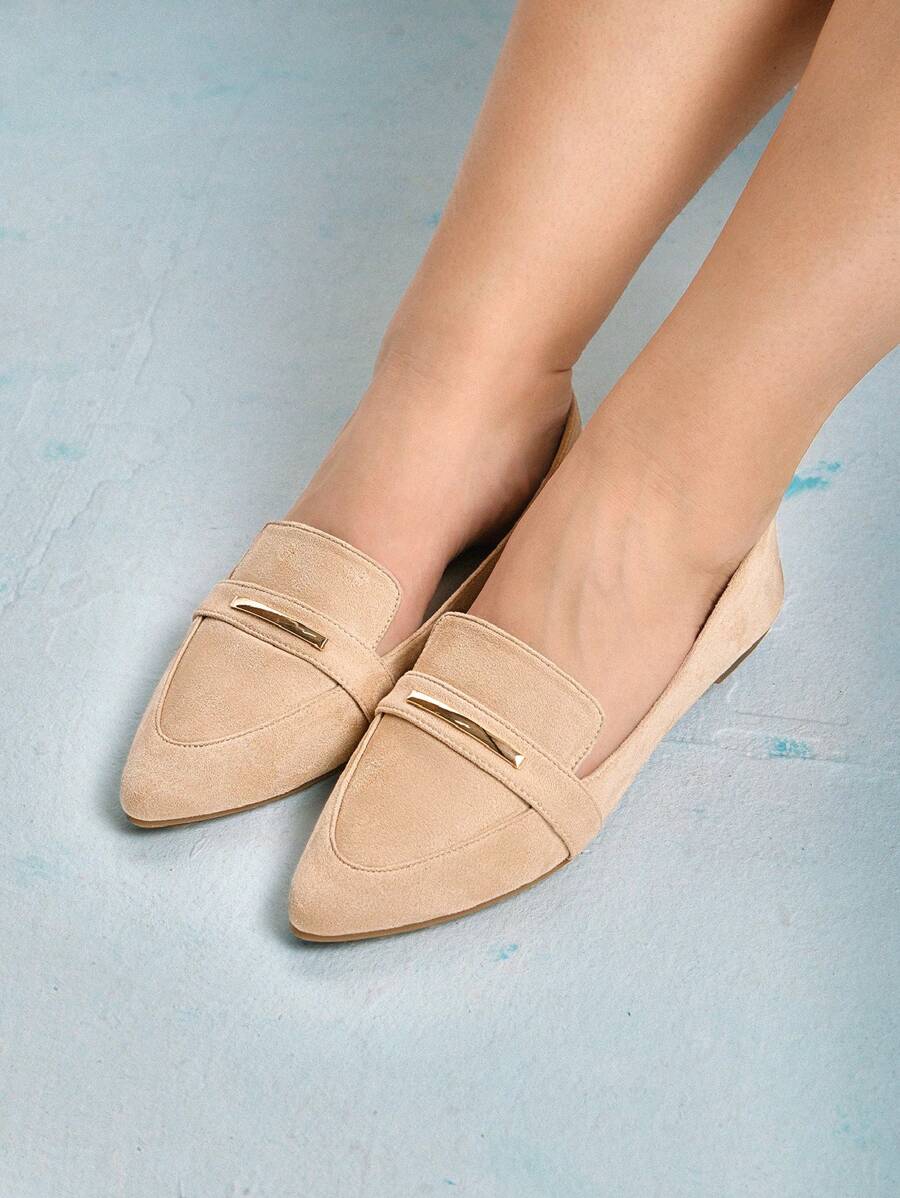 CUCCOO CURVES 女式宽版杏色基本款一脚蹬平底鞋，舒适轻便的休闲鞋，大码 - 杏色 - 查看 1