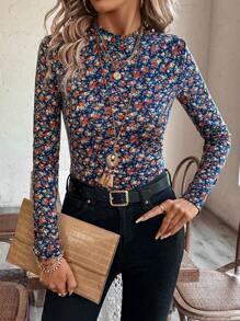 EMERY ROSE 女士花卉印花休闲立领长袖 T 恤 - 彩色 - 查看 5