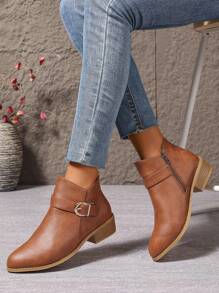 1 Pair Elegant & Fashionable Chunky Heel Boots, Suitable For Teens/Adolescent Girls - Brown - View 1