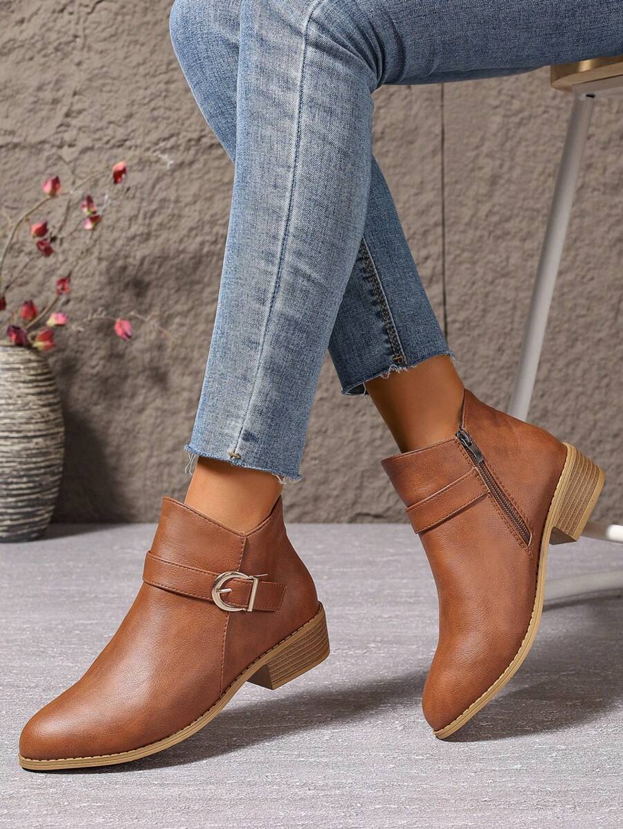 1 Pair Elegant & Fashionable Chunky Heel Boots, Suitable For Teens/Adolescent Girls - Brown - View 1