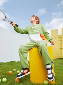 SHEIN 2pcs Boys' Outdoor Sports Set - Colorblock Warm Fleece Hooded Sweatshirt And Zip-Up Track Pants, Winter