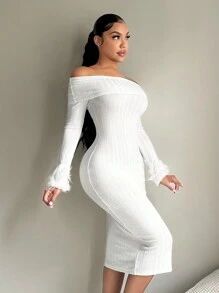 SHEIN SXY Vestido blanco ajustado con pliegue en el hombro, empalmado, de punto esponjoso y elegante para mujer, otoño/invierno
