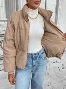 SHEIN LUNE 休闲女式毛绒加垫口袋短夹克，冬季保暖 - 杏色 - 查看 8