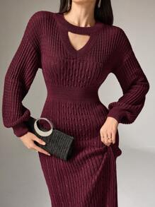 Heiryn Váy len dài tay khoét rỗng màu trơn đơn giản cho nữ, dáng ôm, thời trang thu đông - Màu Đỏ Sâu - Xem 3