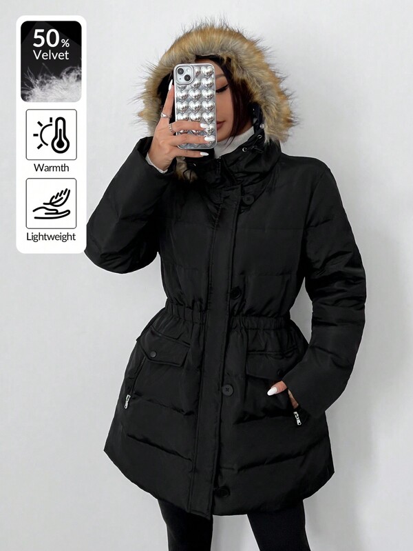 SHEIN EZwear Women's New Solid Color Long Sleeve Hooded Casual Down& Feathers Jacket With Pockets And Fluffy Trim