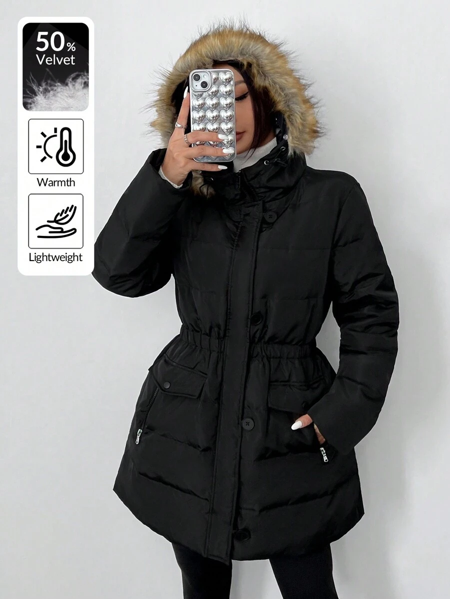 SHEIN EZwear Women's New Solid Color Long Sleeve Hooded Casual Down& Feathers Jacket With Pockets And Fluffy Trim - Black - View 1