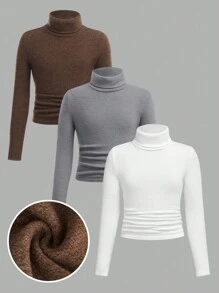 SHEIN Girlism Tween Girls Solid Color Turtleneck Long Sleeve Ribbed Casual T-Shirt 3 Piece/Set, Winter Clothes - Brown - View 1