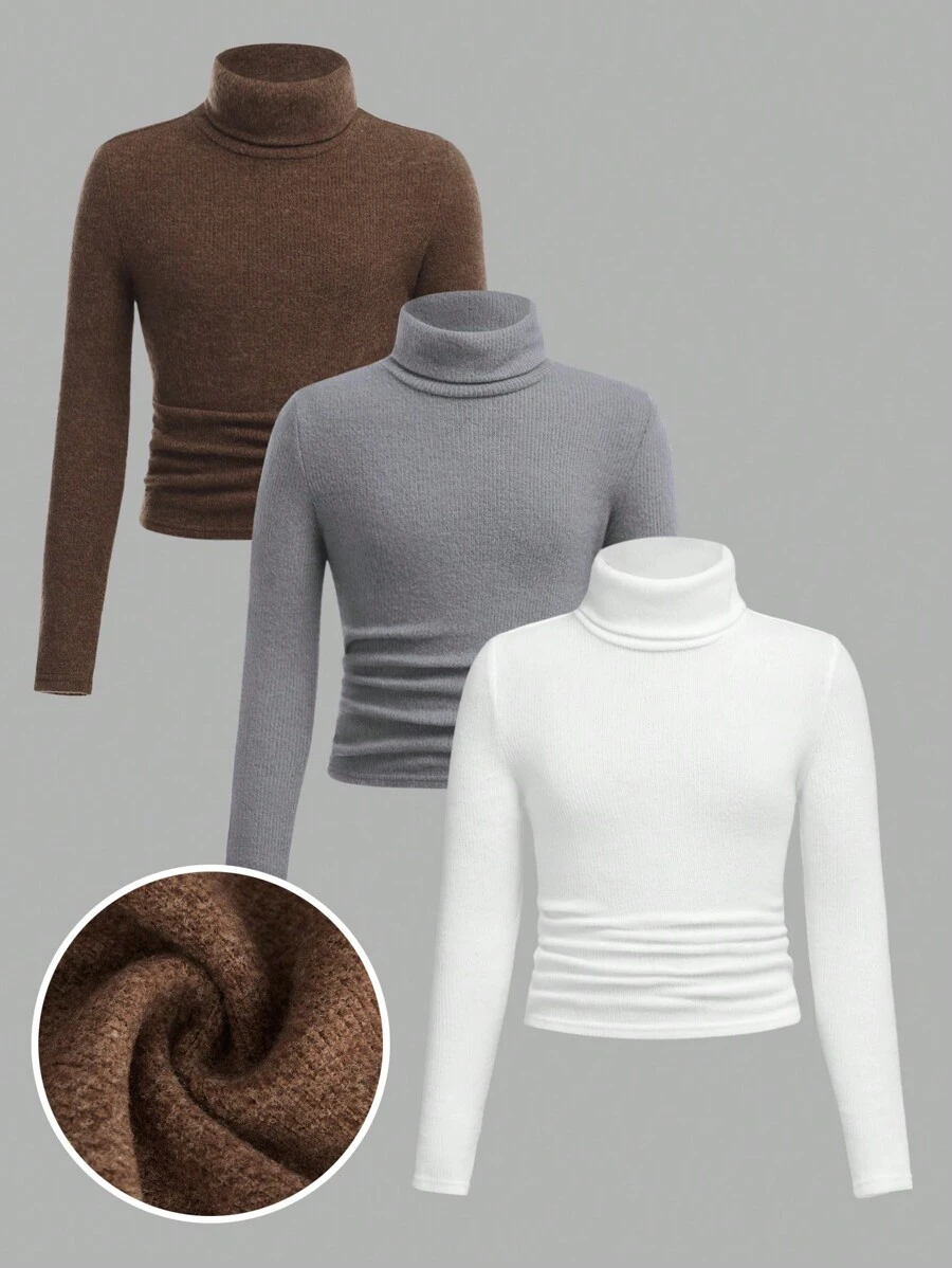 SHEIN Girlism Tween Girls Solid Color Turtleneck Long Sleeve Ribbed Casual T-Shirt 3 Piece/Set, Winter Clothes - Brown - View 1