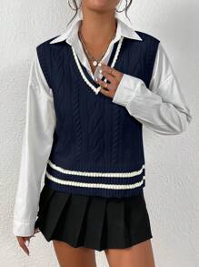 Chiquease Chaleco de punto holgado con borde contrastante y tirantes anchos, para mujer, para el otoño - azul real - Ver 5