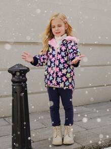 年轻女孩休闲基本款连帽外套带手套，适合 4-7 岁，甜美风格，加厚，防风保暖，适合户外、学校、派对