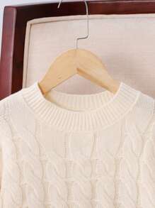 SHEIN Suéter corto de punto de cable en color beige liso con hombros caídos para niña preadolescente, para uso diario