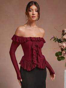 L'Amorae Blusa elegante de manga larga con hombros descubiertos y volantes de unicolor, para otoño - Burdeos - Ver 5