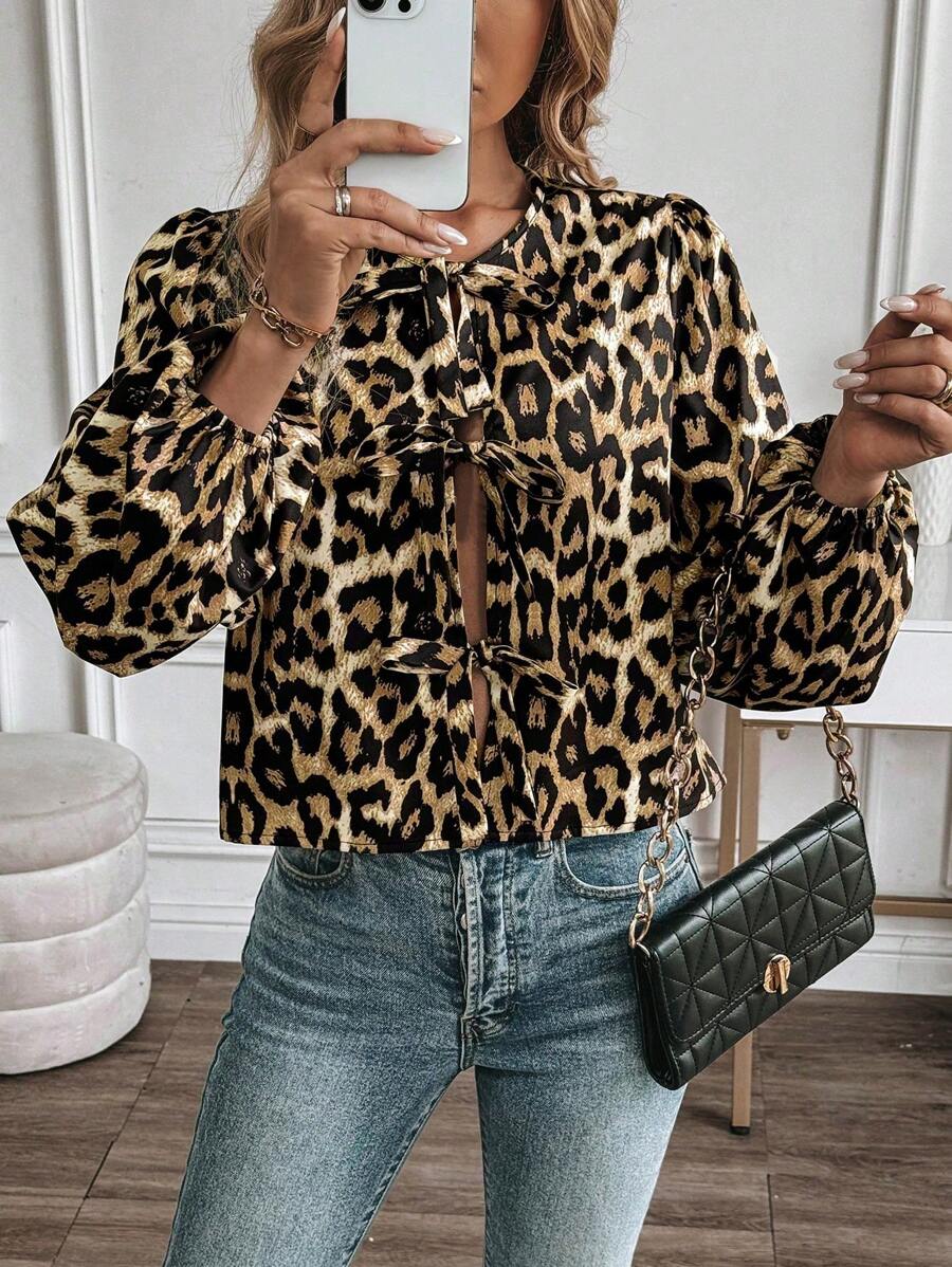 SHEIN Unity Leopard Print Tie Neck Button Up Long Sleeve Shirt - Multicolor - View 1