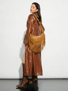 SHEIN BAE 女士时尚刺绣流苏斜挎包 - 棕色 - 查看 1