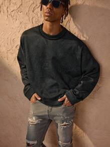 Forever 21 男士街头风格短款宽松套头衫，领口处有毛边 - 黑色 - 查看 5