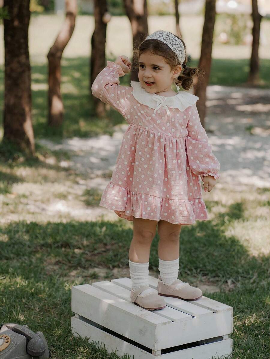 SHEIN Váy chấm bi hồng viền bèo nhún cho bé gái mùa xuân/thu - Hồng - Xem 1