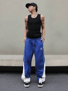 Aesthetic Post--Men's Drawstring Waist Letter & Side Stripe Wide Leg Loose Pants - Blue - View 5