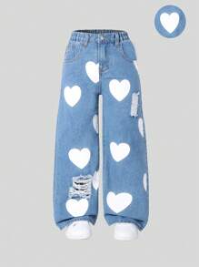SHEIN Explorewe Girls' Heart Print Straight-Leg Jeans - Light Wash - View 1
