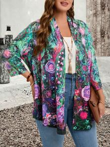 EMERY ROSE EMERY ROSE Plus Size Fall Clothes Teacher Clothes Women's Random Print Simple Daily Blue Jacket