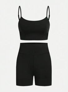 SHEIN Essnce 3pcs/Set Women Striped Drop Shoulder Long Sleeve Shirt, Solid Camisole Tank Top And Shorts Casual Outfit, Autumn