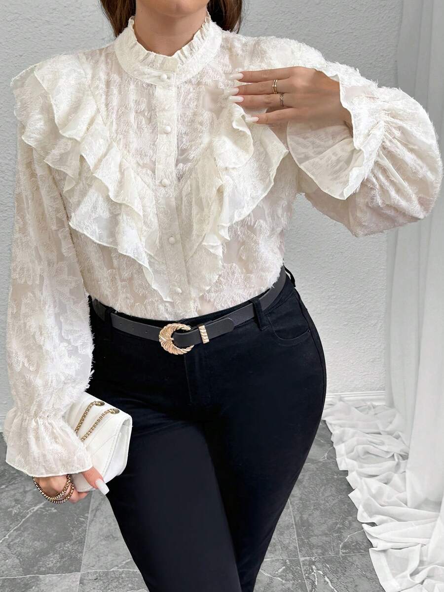 Firerie Plus Size Women Turtleneck Ruffle Trim Jacquard Patterned Long Sleeve Blouse - Apricot - View 1