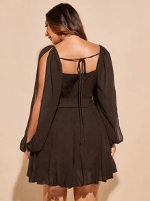 SHEIN BAE Plus Size Women's Simple Black Solid Vacation Daily Date Night Sexy Sweetheart Neck Bow Tie Wrap Slit Lantern Sleeve Sheer Thin Dress - Coffee Brown - View 2