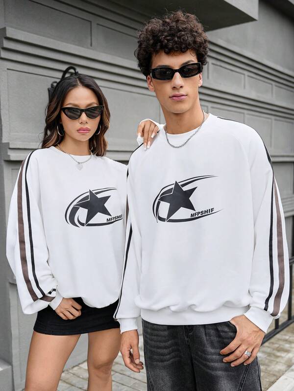 Manfinity VCAY Sudadera de cuello redondo de manga raglán de punto, de manga larga, con gráfico, blanca, para salir, para regalos a amigos, esposo, novio, para otoño e invierno