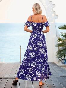 Vivid Eden Floral Print Cold Shoulder Split Thigh Dress,Vacation Style