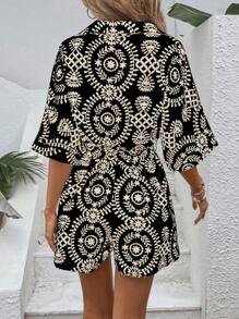 SHEIN VCAY 夏季女士花卉图案蝙蝠袖夏季女士沙滩连体裤配短裤 - 黑色 - 查看 2