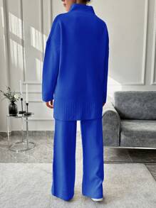 EURMUSE 2pcs Women Set: Casual Plain Loose Drop Shoulder Half Zip Sweater & Loose Wide Leg Sweater Pants - Royal Blue - View 2