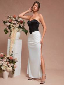 L'Amorae Satin Two Tone Pleated Mermaid Hem Dress - Black and White - View 3