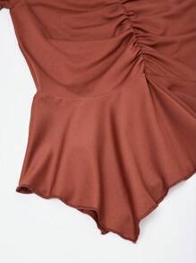 SHEIN Elegant Flare Sleeve Gathered Hem Asymmetric Dark Brown T-Shirt For Teen Girls, Autumn/Winter - Mocha Brown - View 7