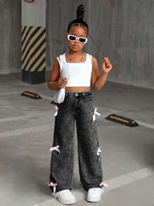 SHEIN Tween Girl Y2K Fashion Stone-Washed Baggy Denim Straight Leg Jeans With Bowknot Decorated Pockets, Fall Clothes Back To School - Grey - View 3